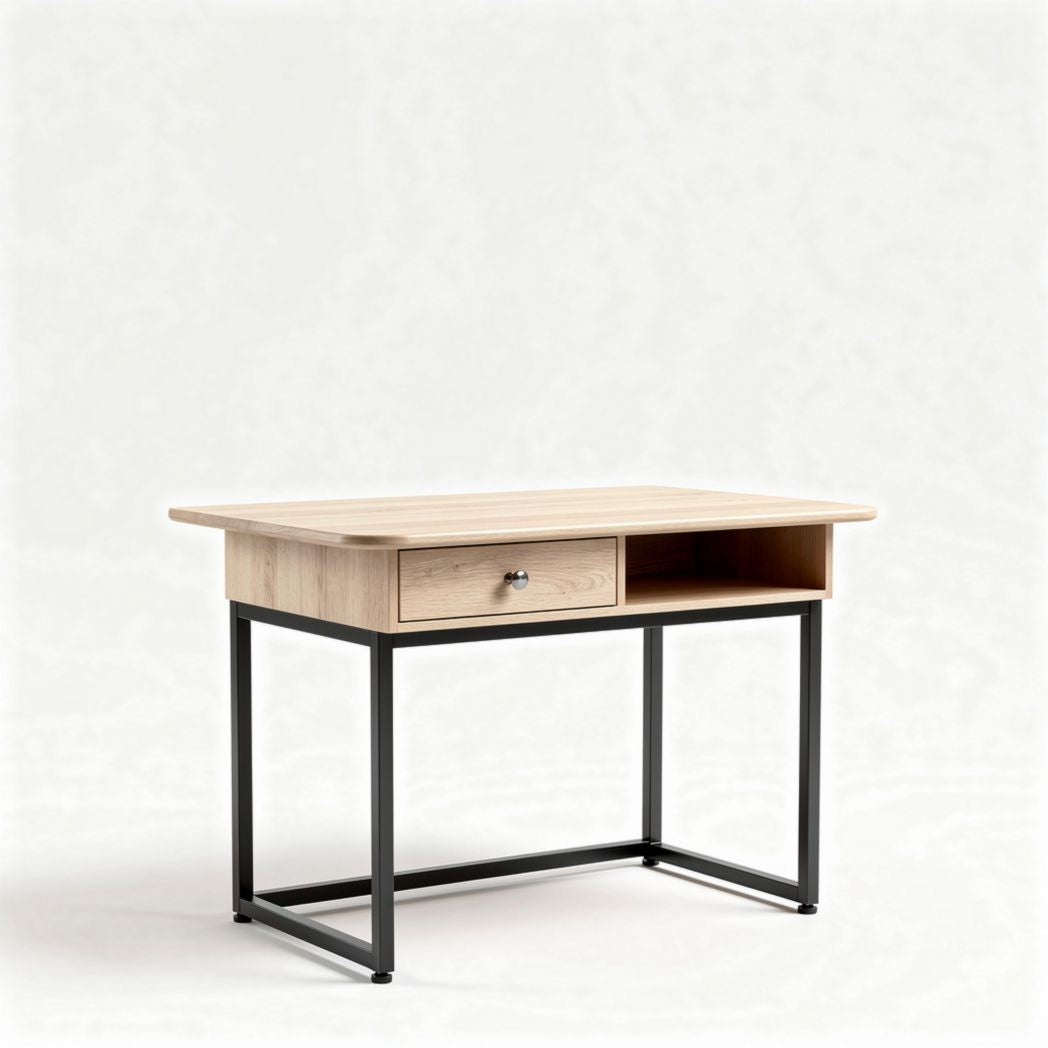 Scrivania in legno di rovere con cassetto e struttura in metallo 120 x 60 x 75cm