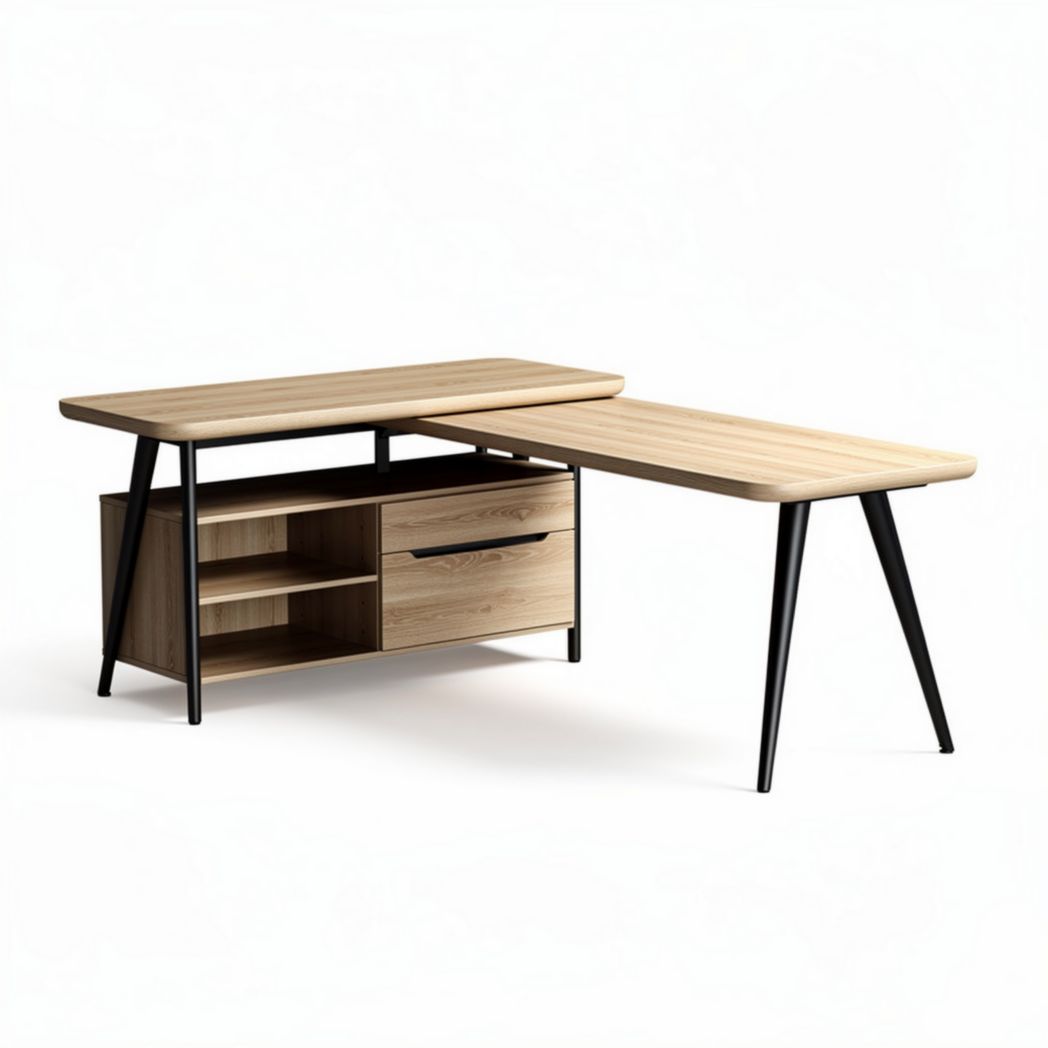 Scrivania angolare in legno con ripiano nero e vani contenitori 150 x 75 x 75cm