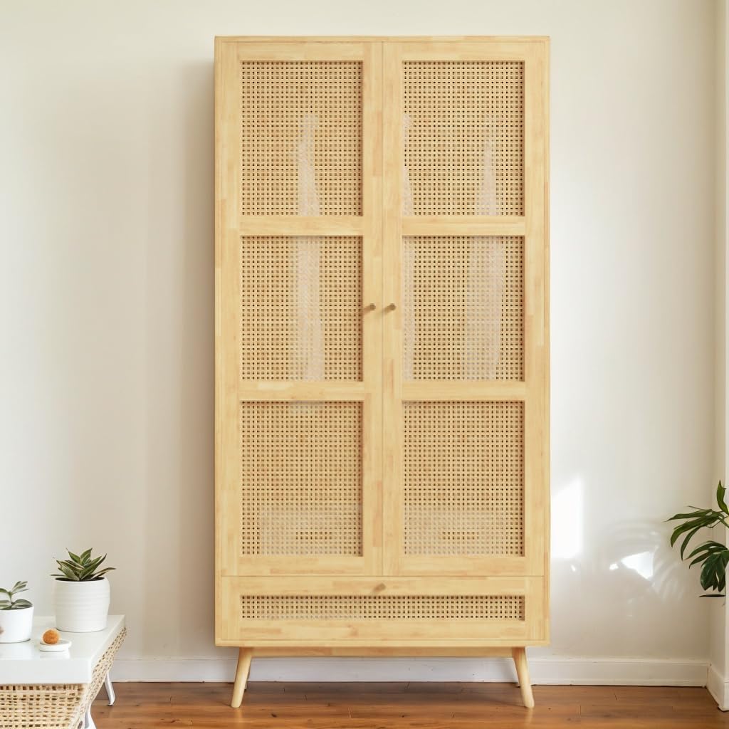 Moimhear Wardrobe with Rod, 90 x 45 x 183 cm, Wardrobe with 2 Doors, Bedroom, Rattan Mesh, with Drop Down Bottom Cover, Particle Board + PE Rattan