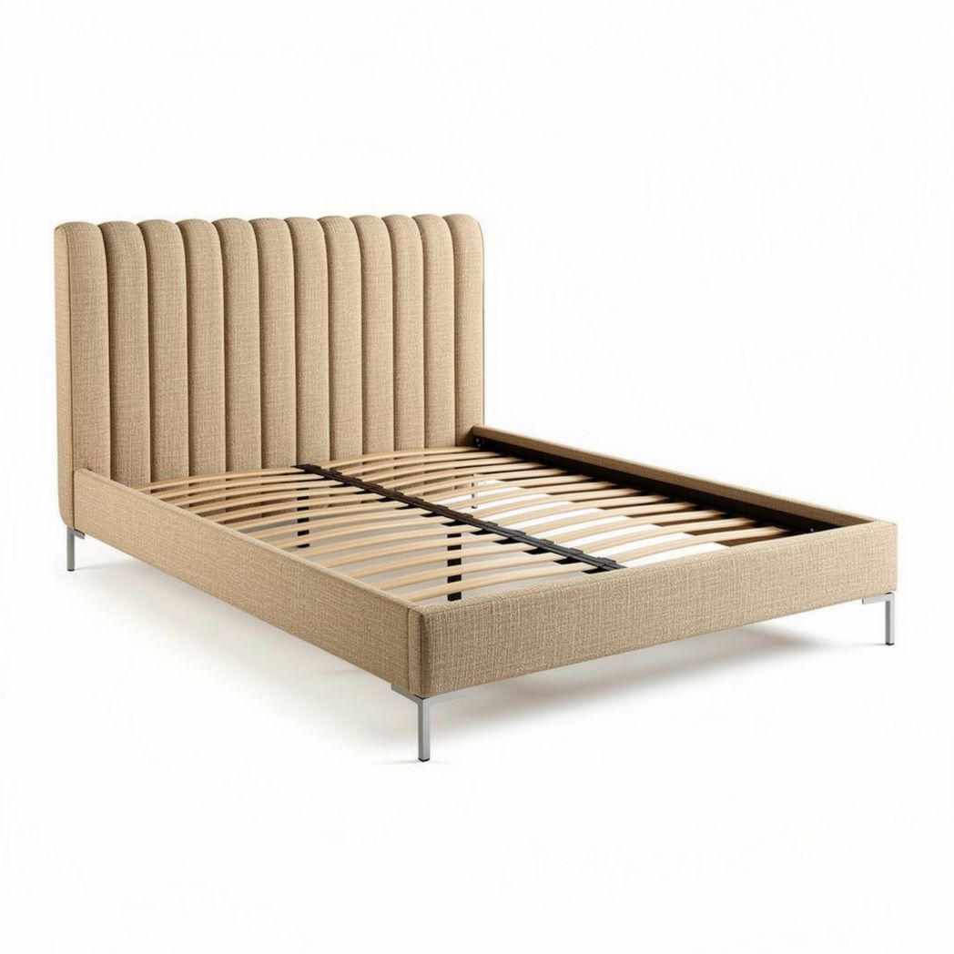 Letto matrimoniale in tessuto beige con testiera imbottita 200 x 160 x 100cm