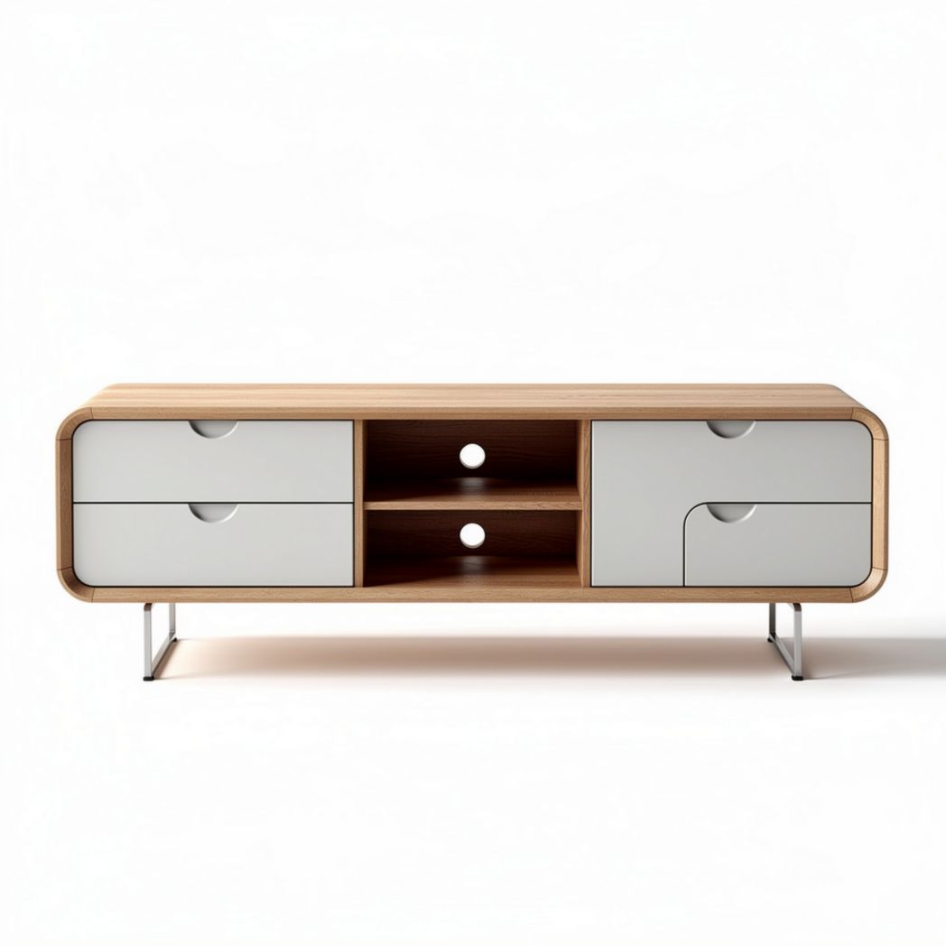 Mobile da soggiorno in legno con cassetti bianchi e struttura in metallo 120 x 40 x 45cm