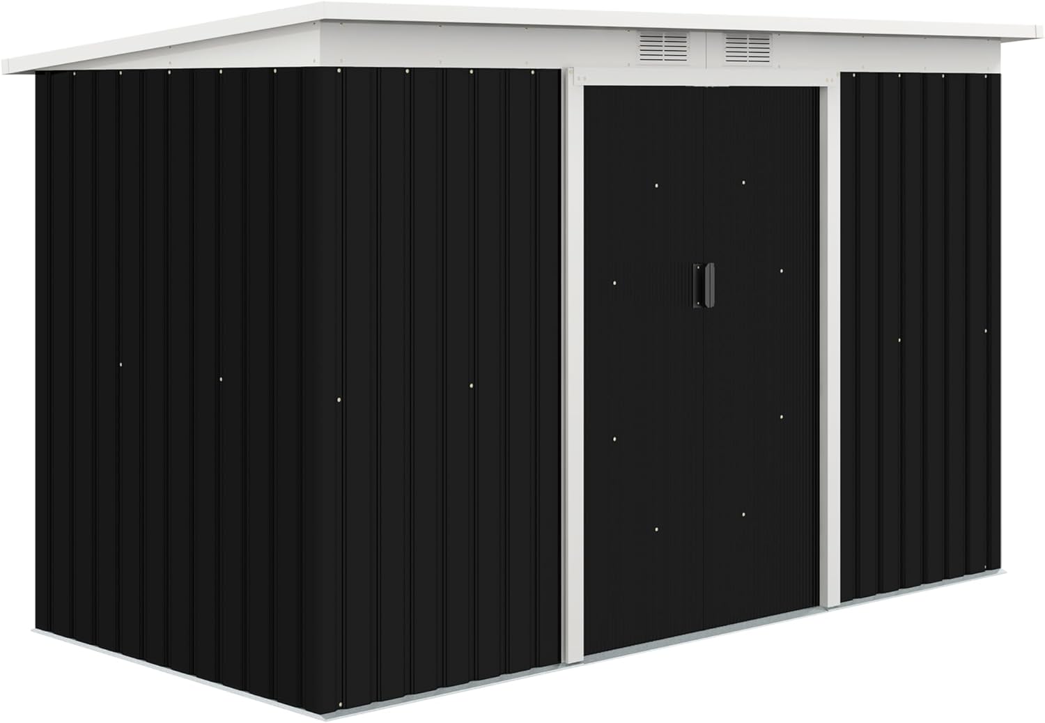 Outsunny Casetta da Giardino 3.2m² in Acciaio Zincato con Kit Fondazione, Prese d'Aria, Capanno Porta Attrezzi con Tetto Inclinato, Doppia Porta Scorrevole Bloccabile, Grigio-Nero