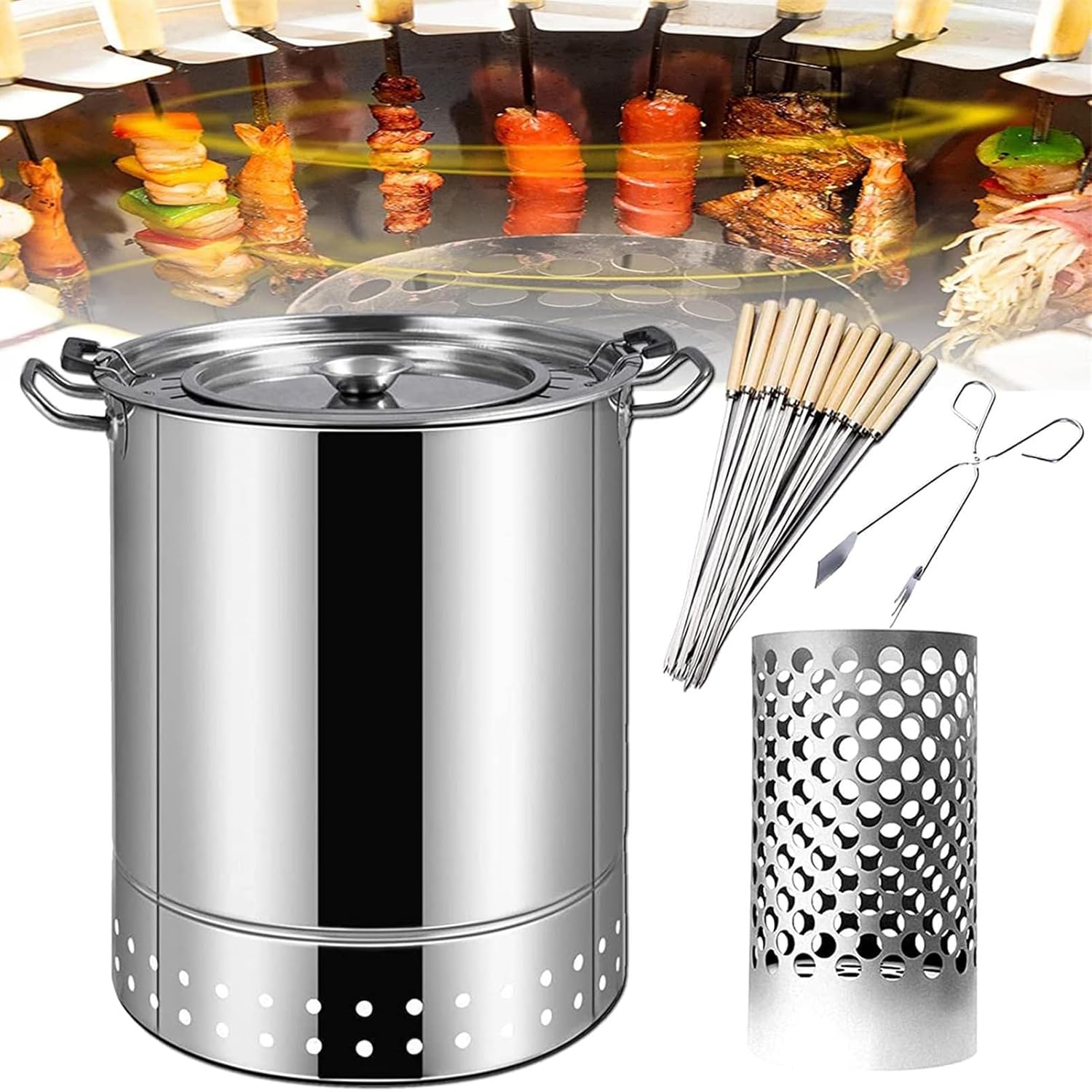 Barbecue Verticale a barile, fornello sospeso, affumicatore, Barbecue a carbonella, Barbecue in Acciaio Inox, Barbecue a barile in Rete (Argento 30 * 30 * 41 cm)