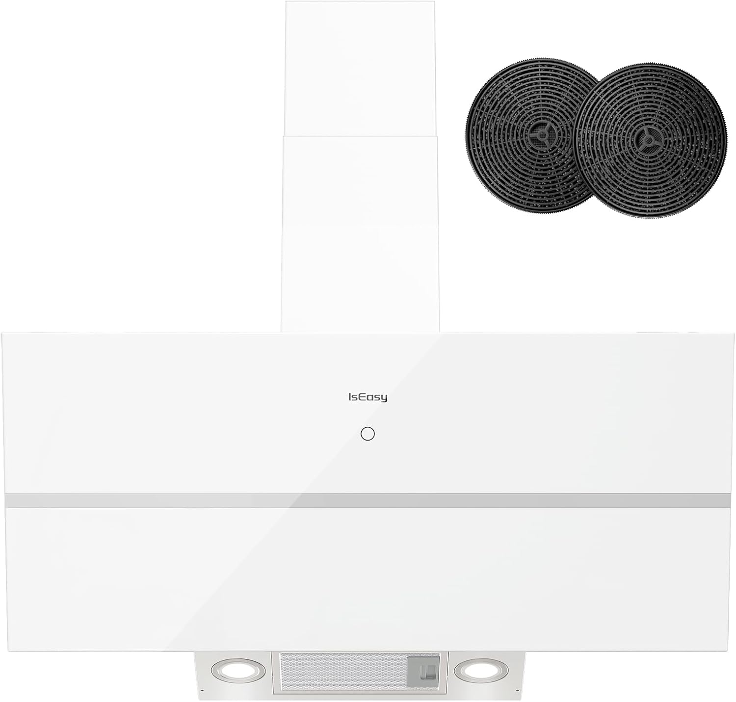 IsEasy Cappa Cucina, Cappa Aspirante 90 cm, 571 m³/h Aspirazione, 4 Livelli di Regolazione, Staffa Inclinazione 45°, 1-9 Min Spegnimento Ritardato, 61dB, Bianco, Efficienza A++