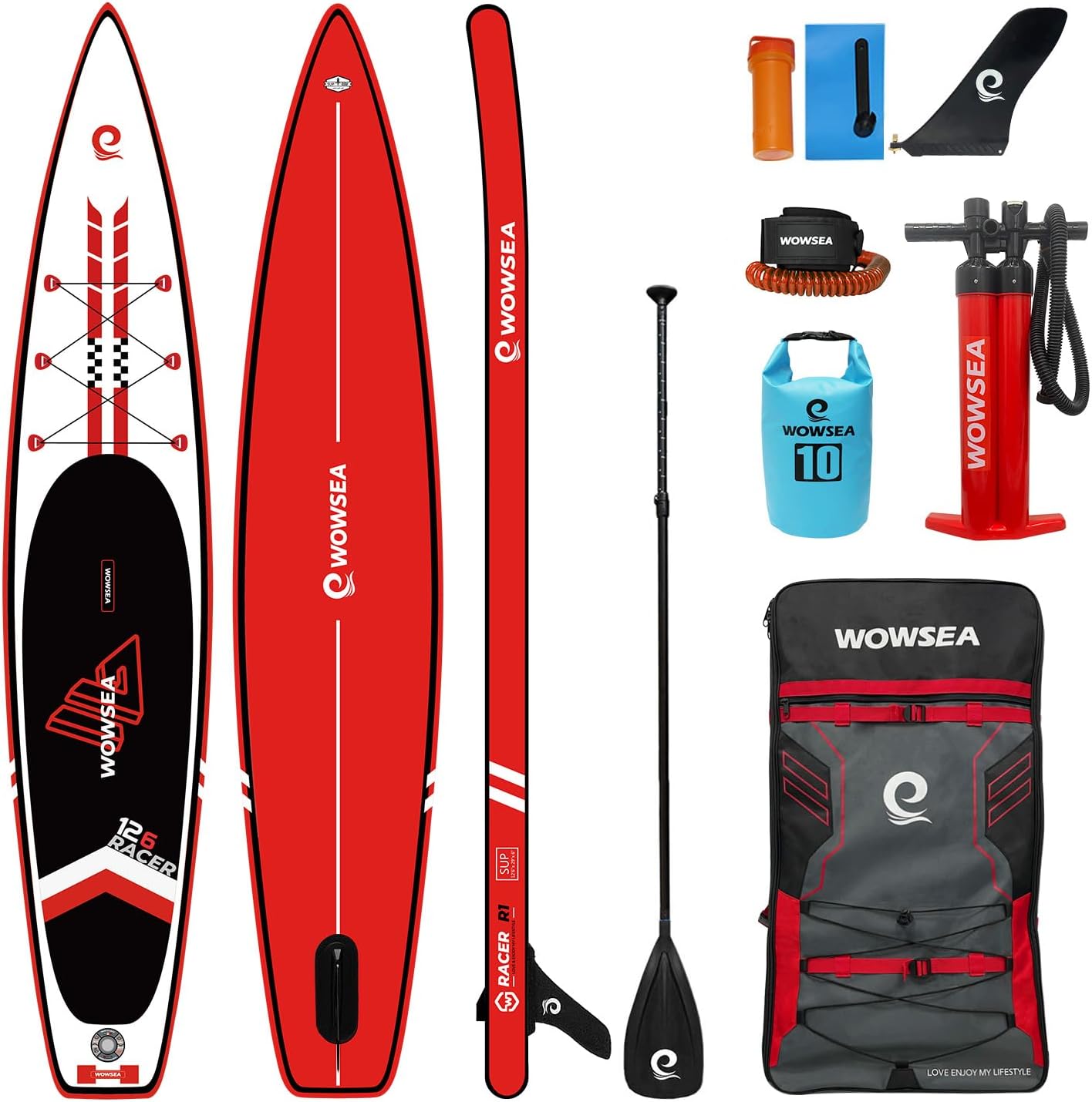 WOWSEA Racer R1 Tavola da Paddle Gonfiabile, Durevole e Stabile DaCorsa Paddle Board, Caccia e Esplorazione Tavola SUP con Kit Accessori, Buona Scelta per l'esercizio acquatico e La Ricreazione