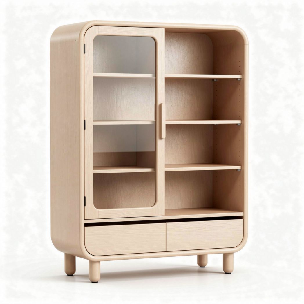 Mobiletto in legno di betulla con ante in vetro e due cassetti 80 x 40 x 120cm