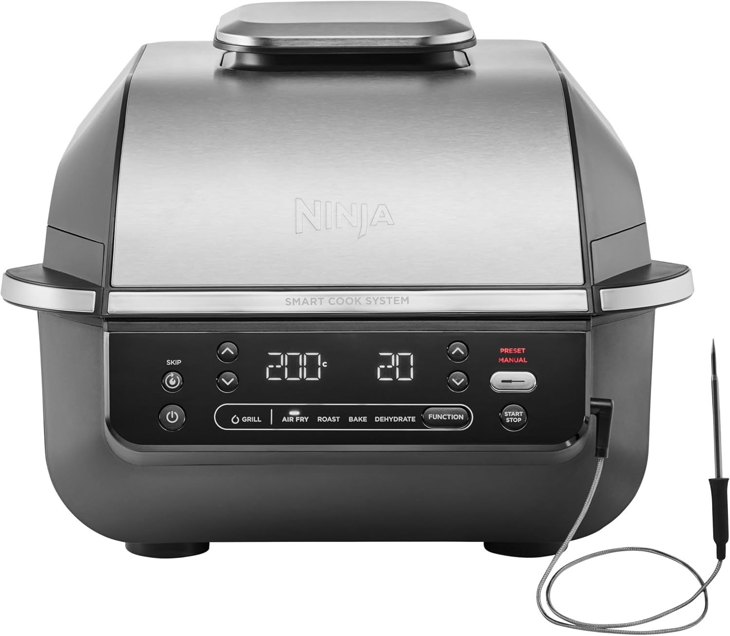 Ninja Griglia e Friggitrice ad Aria 5 in 1, 5 Funzioni di Cottura, Prepara fino a 4 Hamburger, capacità 5,7 L, Poco Fumo, Include Termometro Digitale per Carne, Nero/Argento, EG351EU