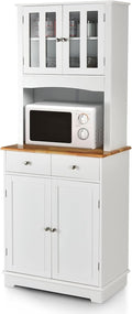 GYMAX Credenza da Cucina Alta, 68 x 40 x 170, Mobile Dispensa in Legno di Gomma, con 2 Ante in Vetro Temperato, Ripiani Regolabili, 2 Cassetti, Mobile per Sala da Pranzo, Bianco