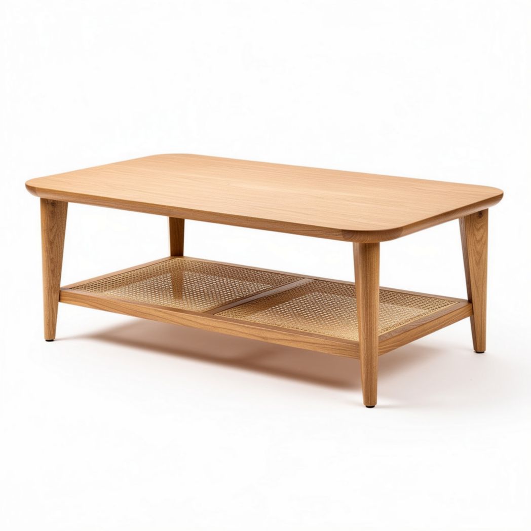 Tavolino da caffè in legno di rovere con ripiano in rattan 120 x 60 x 45cm