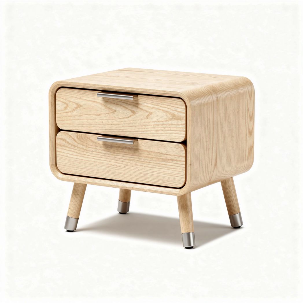 Comodino in legno di frassino con due cassetti e gambe in metallo 50 x 40 x 45cm