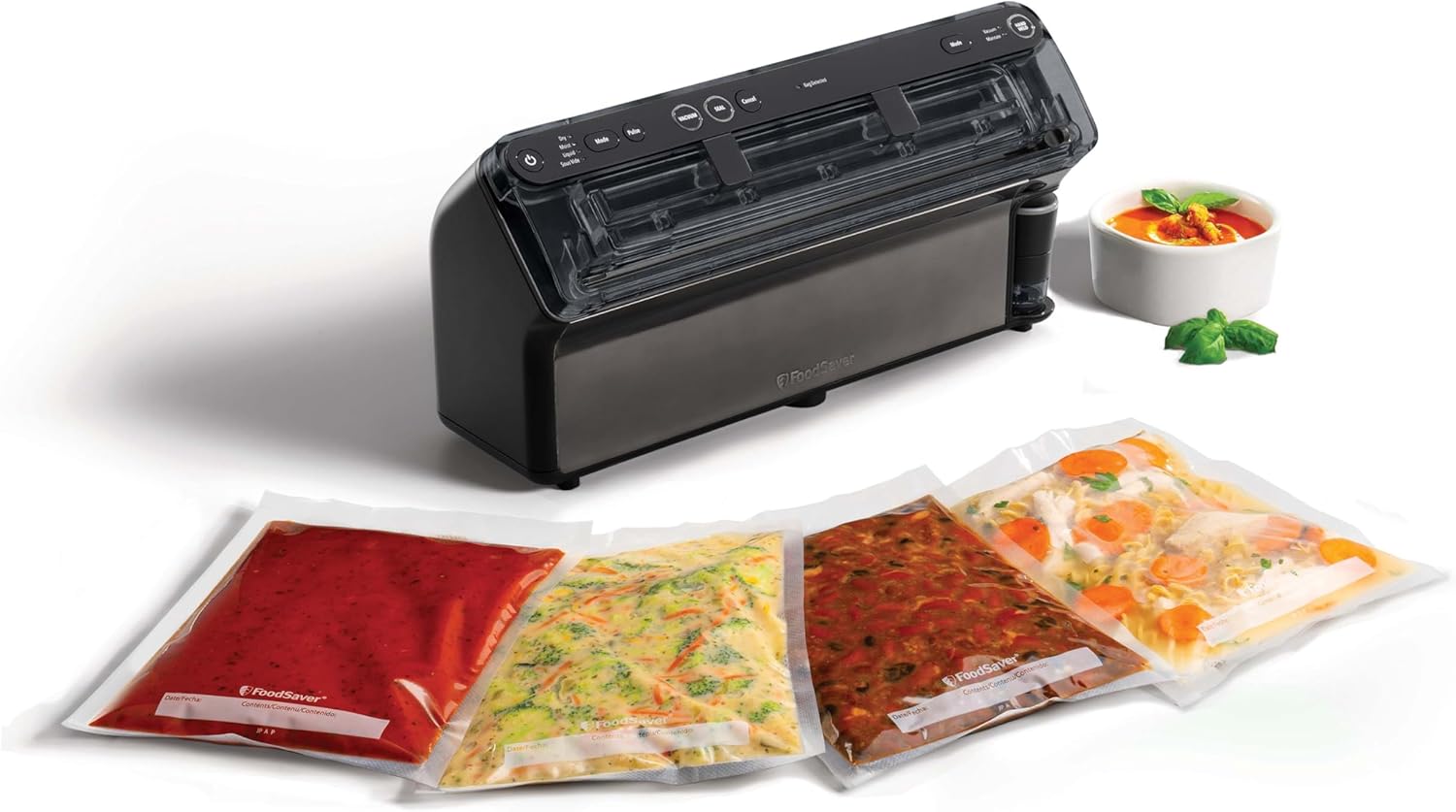 FoodSaver Sigillatore Elite Tutto in uno Liquido+ Alimenti freschi fino a 5 volte più lungo* Sigillatura liquida Con 1 rotolo (28 cm x 2,43 m)  4 sacchetti di sigillatura sottovuoto (0,94  3,78 l