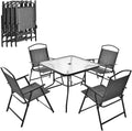KOMFOTTEU Textilene Fabric Bistro Set, 5-Piece Garden Set, Table with Umbrella Hole Bearing 50 kg, Folding Chairs Load 150 kg, Outdoor Table and Chairs Set, Grey
