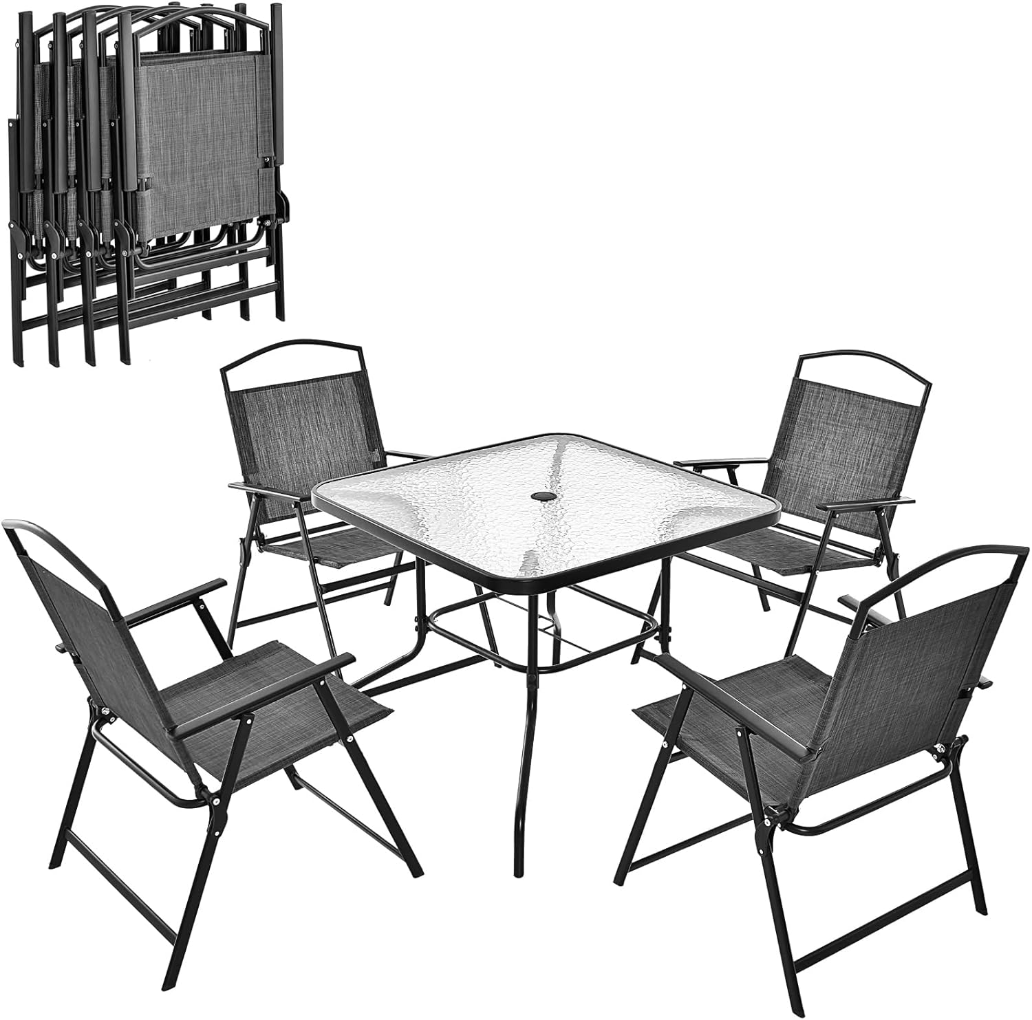 KOMFOTTEU Textilene Fabric Bistro Set, 5-Piece Garden Set, Table with Umbrella Hole Bearing 50 kg, Folding Chairs Load 150 kg, Outdoor Table and Chairs Set, Grey