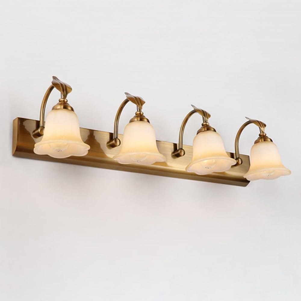Lampada da toletta for specchio da bagno, applique da parete retrò color oro con paralume in vetro bianco a forma di fiore, luce frontale a specchio con attacco E14(Large)