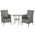Outsunny Outdoor Garden Set 3 Pieces in PE Rattan and Steel, Set of 2 Chairs with Washable Cushions, Armrests, Coffee Table with Glass Top, Living Room Garden Balcony Patio Courtyard, Grey